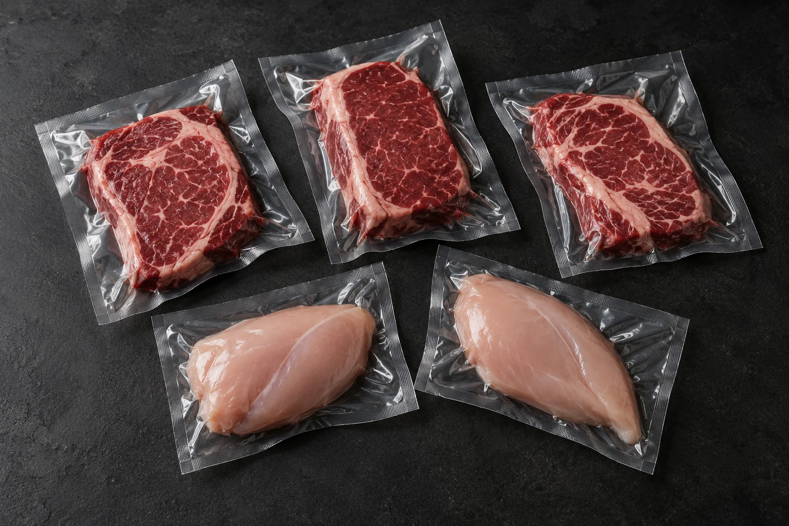 Imagen conceptual de cortes de res y pollo en bolsas selladas al vacío